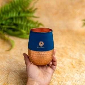 Copper Glass | 300 ML | Pure Copper Tumbler Glass | Dual-Tone Design Half Hammered Half Blue | Best for Kids, Office, Zym, Yoga, Home and Gifting