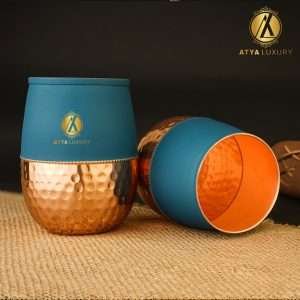 Pure Copper Glass Set of 2 | Half Hammered, Blue Silk Finish | 450 ml | Ayurvedic Copper Tumblers for Home, Gym, Yoga & Gifting