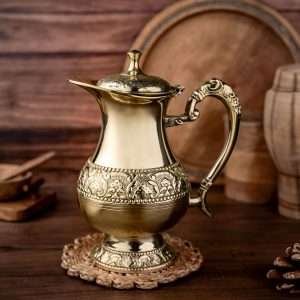 Brass Water Jug | Handcrafted Floral Design 1 LTR | with Brass Handle and Lid | for Dinning, Kitchen, Hotels and Gifting