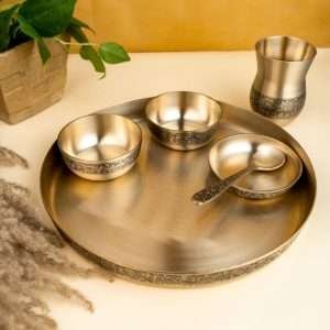 Bronze| Kansa Dinner Thali Set of 6 Piece | Floral Design | Vintage Matte Finish | Traditional Luxury Dinningware | for Serving Food and Gifting