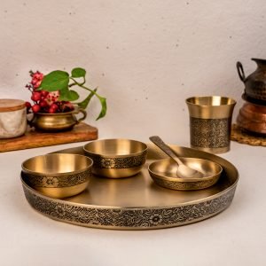 Luxury Bronze| Kansa Dinner Thali Set of 6 Piece | 1 Thali (12 inch), 2 Bowl, 1 Desert Bowl, 1 Spoon and 1 Glass | Floral Design | Vintage Matt Finish | Traditional Luxury Dinningware