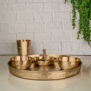 Luxury Bronze (Kansa) Dinner Thali Set of 6 Piece | Bronze Antique thali for Home, Dinning, restaurant and Gifting | Pure Bronze Thali 12 inch | Indian Traditional Thali
