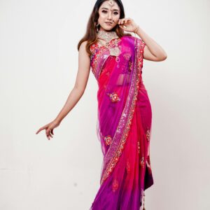 Beautiful woman in traditional saree posing in a studio setting.