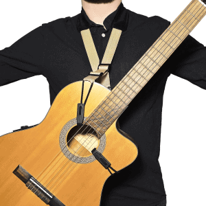 Cream guitar strap with adjustable length, close-up