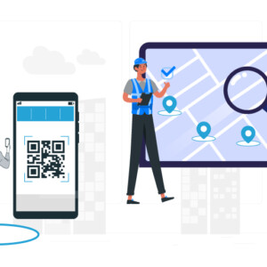 Mobile and desktop version of a mobile workforce management app with two employees using a QR code based time tracking app and a map view with magnifying glass to depict geofencing