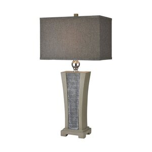 ELK Home Volga table lamp with concrete, slate, and brushed steel base and grey rectangular hardback shade