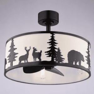 Acadia 20-inch rustic bronze drum fandelier with white linen wildlife shade, LED light kit, and remote control