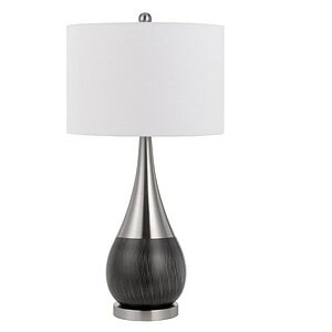 Sorrento buffet table lamp with laser-cut metal pedestal base and white linen drum shade