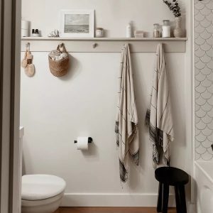 Bathroom shelf and hook rail styled with a woven basket, striped fringed towels, and a small art print — bathroom towel rack basket decor ideas from the By Paige Nicole blog.
