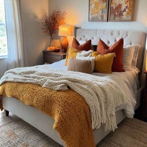 Cozy fall bedroom with a soft tufted queen bed with autumn-colored throw blankets and pillows - seasonal branches in a vase and warm ambient lighting – inspiring fall bedroom decor ideas.