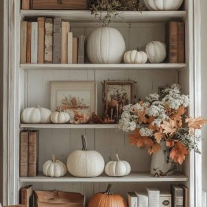 Five‑layer white shelf decorated with pumpkins, stacked books, and autumn leaves — cozy fall shelf ideas showing layered seasonal decor from By Paige Nicole.