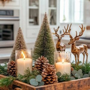 Christmas table centerpieces on a wooden tray with mini Christmas trees - pine cones and deer decorations. By Paige Nicole Christmas table centerpieces.