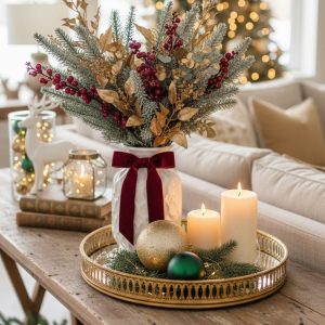 Cozy living room coffee table styled with Christmas decor a vase of pine branches and a glowing Christmas tree in the background showcasing festive Christmas decor ideas for the home.