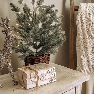 Small artificial Christmas tree on a nightstand beside stacked books labeled with festive holiday terms — minimalist Christmas decor on a budget from By Paige Nicole.