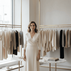 an elegant woman stood by her organised wardrobe