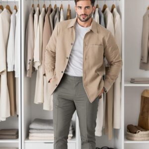 A stylish man in his early 30s standing near a minimalist wardrobe filled with neutral-toned, classic tailored pieces. The wardrobe reflects a modern and functional capsule wardrobe aesthetic. The man looks confident and polished in a bright, organized setting.