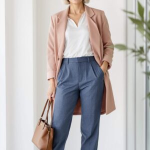 A confident woman in her early 40s wearing an outfit in soft pastel and neutral tones that perfectly complements her skin tone and body shape. The setting is a cozy, modern room with a minimalist wardrobe in the background, emphasizing personal styling and color harmony.