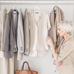 A woman next to a wardrobe of minimalist clothes