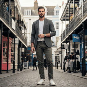 A confident, fashionably dressed man stands in front of Brighton’s urban cityscape, wearing a tailored blazer and trousers. The setting is modern, vibrant, and sophisticated, reflecting the work of a personal stylist for men in Brighton & Hove.