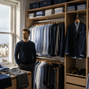 A confident man stands in a stylish, well-organised men’s wardrobe in a Brighton home. He is selecting an outfit, surrounded by neatly arranged shirts, blazers, and trousers. Natural light streams through a window with urban Brighton visible outside, creating a discreet and welcoming atmosphere.