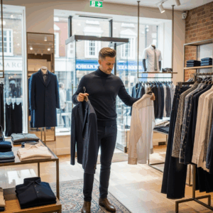 A stylish man browses blazers and shirts in a modern, well-lit menswear shop in Brighton. Clothes racks feature a mix of classic and trendy men’s fashion. The scene feels discreet, personalised, and urban, with city views visible through shop windows.