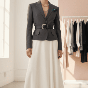 fashion-forward non-binary person in a bright minimalist studio wardrobe space, wearing a modern tailored outfit with a clothing rail behind them.