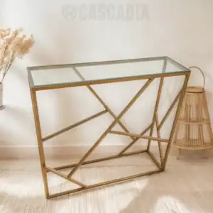 Console ZigZag avec plateau en verre lisse et cadre en acier finition dorée traité anti-rouille