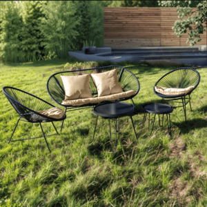 Pack Family Acapulco – Ensemble mobilier extérieur et intérieur avec 2 chaises Acapulco, 1 canapé Acapulco 2 places et 2 tables Acapulco en métal et corde tressée, design moderne et confortable, parfait pour terrasse, balcon ou salon.