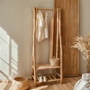 Grand portant en bois artisanal avec corde tissée, design naturel et fonctionnel pour intérieur