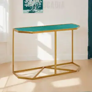 Console en zellige marocain avec structure en acier doré, style moderne et artisanal