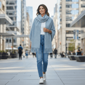 Étole en laine frangée bleu clair