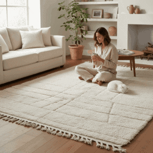 Tapis Beni Ouarain blanc artisanal en laine naturelle