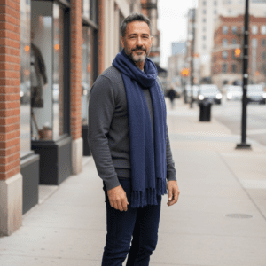 écharpe en laine bleu marine frangée