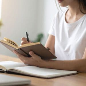 Frau fördert Lernbereitschaft durch Selbstreflexion in Notizbuch