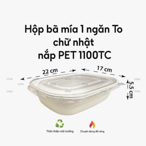Hộp bã mía 1 ngăn chữ nhật nắp PET 1100TC