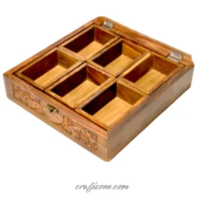 Hand-carved Wooden Spice/ Masala Box- 6 Compartments - Image 2