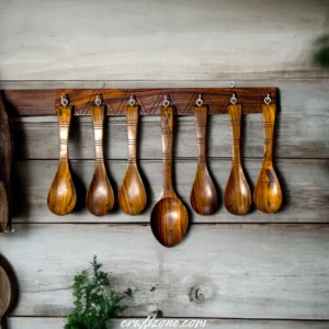 Artisan Wood Spoon Set with Hanging Bracket - Image 1