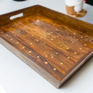 Elegant Brass-Inlaid Wooden Serving Tray - Image 1