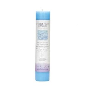 Ascended Masters Candle, tall blue and white candle with spiritual healing and guidance label.
