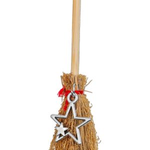Sweep Away Self-Doubt Witch’s Broom (Besom), a decorative miniature broom with a natural wooden handle and a fuzzy, textured broom head, adorned with a white star charm and red ribbon.
