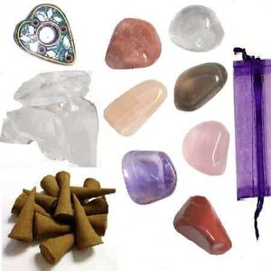 Yoga Crystal Healer Kit – 8 Crystals + Incense & Burner, assortment of colorful healing crystals, incense sticks, and burner for meditation and relaxation.