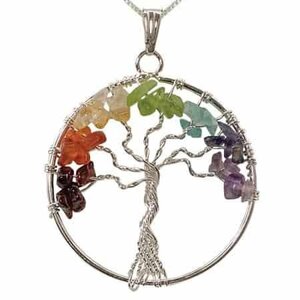 Chakra Gem Tree of Life Pendant, circular silver pendant with a tree design and colorful chakra gemstones representing the seven energy centers.