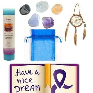 Complete Dream Kit – Sleep, Dream & Recall Tools, including crystals, a dream catcher, a blue cloth bag, and a booklet with a positive sleep message.