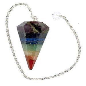 Chakra Pendulum, geode pendant with rainbow-colored chakra stones and silver chain.