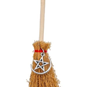 Sweep Away Negativity Witch's Broom, a small decorative broom with a natural straw bristle and a detailed handle with a spooky design.