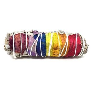 7 Chakra Sage Smudge Stick, colorful wrapped bundle of sage for spiritual cleansing and chakra balancing.