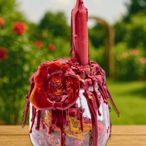 Love Spell Jar – Large Intention Jar (Ritual Blend), a large red candle and a rose embedded in a melting red wax spell jar on a wooden surface outdoors.