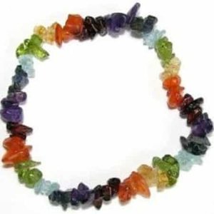 Chakra Chip Bracelet, colorful gemstone chip bracelet arranged in a circle with multicolored chakra stones.
