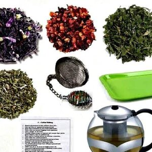 ea Basket Sampler – Complete Ritual Tea Gift Set, tea leaves, tea infuser, green tray, and instructions for tea preparation.
