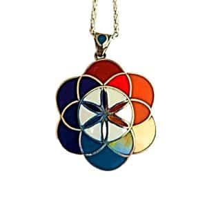 Flower of Life Pendant, Sterling Silver Sacred Geometry Jewelry with multi-colored enamel flower design.